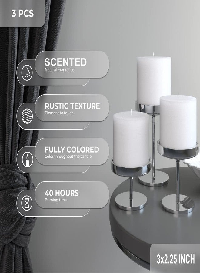 FIRSTROW First Row Aromatic Fables Scented Pillar Candle Set of 3 | Decorative Rustic Candles Natural Scented and No Drip Candles | Ideal for Wedding, Home Decor and Gifting (3X2.25 inch, White) - Image 3
